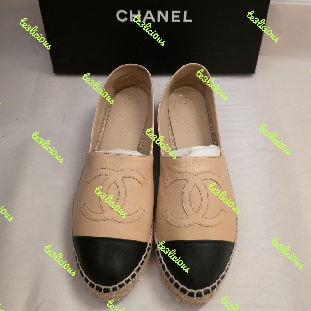 CHANEL 16P LAMBSKIN ESPADRILLES BEIGE BLACK SIZE 39